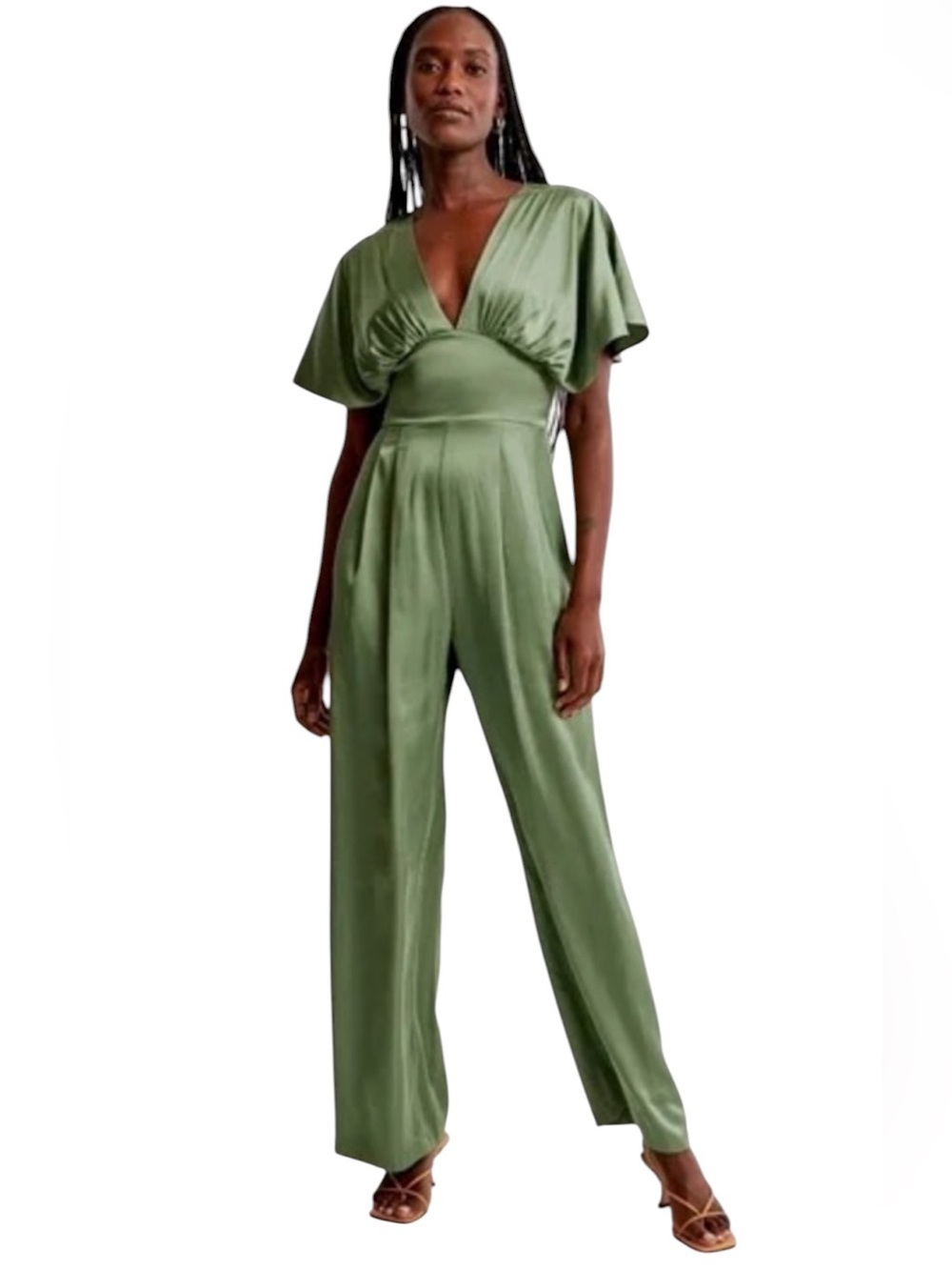 Abercrombie & Fitch Flutter Sleeve Satin Jumpsuit Sage Green Size XS
